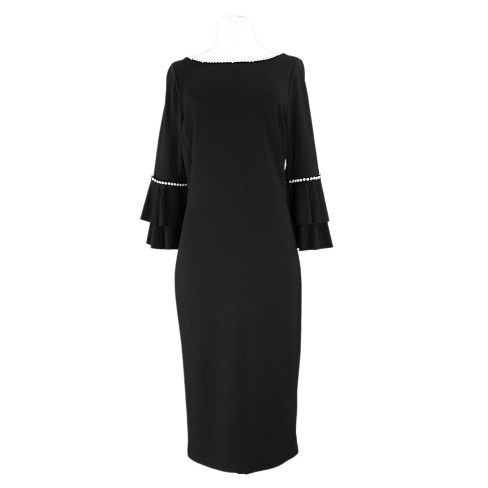 VENUS Black Sheath Dress with Bell Sleeves and Pearl Bateau Neckline